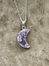 Load image into Gallery viewer, Amethyst Druzy Moon Pendant on 925 Sterling Silver Chain
