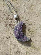 Load image into Gallery viewer, Amethyst Druzy Moon Pendant on 925 Sterling Silver Chain