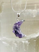 Load image into Gallery viewer, Amethyst Druzy Moon Pendant on 925 Sterling Silver Chain