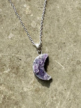 Load image into Gallery viewer, Amethyst Druzy Moon Pendant on 925 Sterling Silver Chain