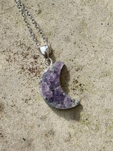 Load image into Gallery viewer, Amethyst Druzy Moon Pendant on 925 Sterling Silver Chain