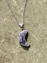 Load image into Gallery viewer, Amethyst Druzy Moon Pendant on 925 Sterling Silver Chain