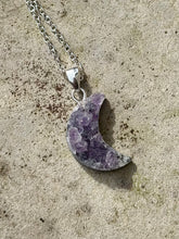 Load image into Gallery viewer, Amethyst Druzy Moon Pendant on 925 Sterling Silver Chain