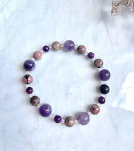 Load image into Gallery viewer, Rhodonite, Amethyst, Rose Quartz & Lepidolite Crystals Beaded 'Anxiety' Bracelet |Reiju