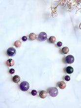 Load image into Gallery viewer, Rhodonite, Amethyst, Rose Quartz & Lepidolite Crystals Beaded 'Anxiety' Bracelet |Reiju