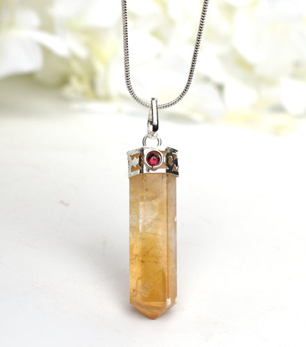 Citrine With Garnet Stone Crystal Pendant Necklace Inc Silver Plated Snake Chain