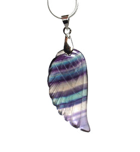 Banded Multi Coloured Fluorite Crystal Angel Wing Pendant Necklace & Silver Chain