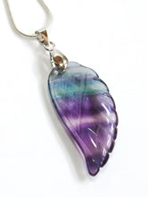 Load image into Gallery viewer, Banded Multi Coloured Fluorite Crystal Angel Wing Pendant Necklace &amp; Silver Chain