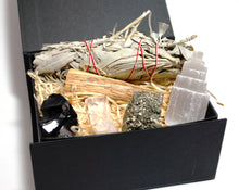 Load image into Gallery viewer, Cleansing Dispel Negativity Natural & Unique Crystals Boxed Gift Set Inc White Sage & Palo Santo