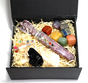 'Ultimate' Natural Healing Crystal Gift Set Boxed Inc Chakra Tumble Set, Clear Quartz, Black Obsidian