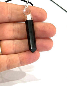 Black Tourmaline Pendant with Clear Quartz Sphere & Cord Necklace