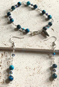 Blue Tigers Eye Polished Natural Beads With Swarovski Crystals Handmade Nickle Free Bracelet & Earring Set In Gift Box