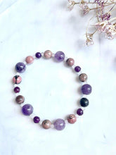 Load image into Gallery viewer, Rhodonite, Amethyst, Rose Quartz & Lepidolite Crystals Beaded 'Anxiety' Bracelet |Reiju