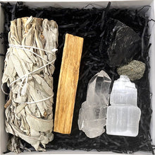 Load image into Gallery viewer, Cleansing Dispel Negativity Natural & Unique Crystals Boxed Gift Set Inc White Sage & Palo Santo