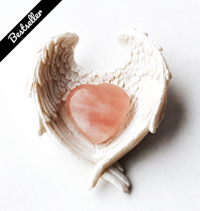 Rose Quartz Heart Stone Crystal in Stunning Detail Ceramic White Angel Wings Dish Gift Set - Krystal Gifts UK