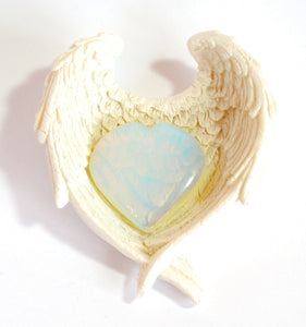Opalite Heart Crystal in Ceramic White Angel Wings Dish Gift Set - Krystal Gifts UK