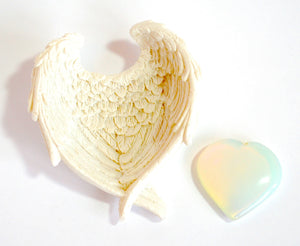 Opalite Heart Crystal in Ceramic White Angel Wings Dish Gift Set - Krystal Gifts UK