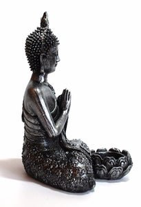 Large Silver Resin Thai Buddha With Candle Holder Colour Gift Present 20.5cm approx - Krystal Gifts UK