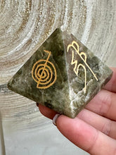 Load image into Gallery viewer, Labradorite Large Reiki Engraved Symbols Crystal Pyramid Slight Tip Damage