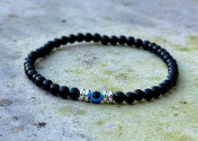 Load image into Gallery viewer, Black Obsidian Crystal Bracelet with Evil Eye