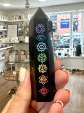 Load image into Gallery viewer, Black Obsidian (Dragon Glass) Chakra Sanskrit Symbol Engraved Obelisk Point