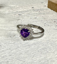 Load image into Gallery viewer, Amethyst Heart Ring – Sterling Silver &amp; Adjustable