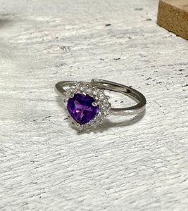 Amethyst Heart Ring – Sterling Silver & Adjustable