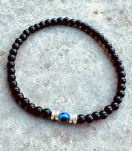 Load image into Gallery viewer, Black Obsidian Crystal Bracelet with Evil Eye