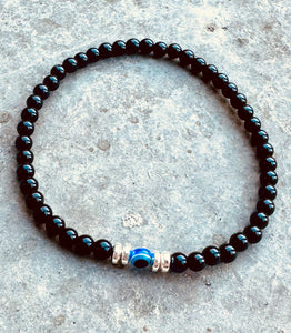 Black Obsidian Crystal Bracelet with Evil Eye