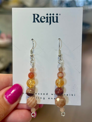 New! Handmade Peach Moonstone, Red Jasper, Amber, Carnelian & Sunstone Reiki-Charged Earrings