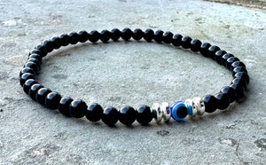 Black Obsidian Crystal Bracelet with Evil Eye