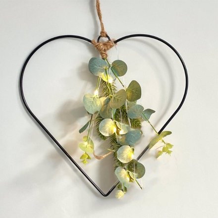 New! BLACK WIRE LED HEART WITH EUCALYPTUS, 30CM