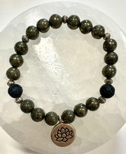 Load image into Gallery viewer, Pyrite &amp; Lava Bead Crystal Beaded Bracelet with Lotus Flower Charm