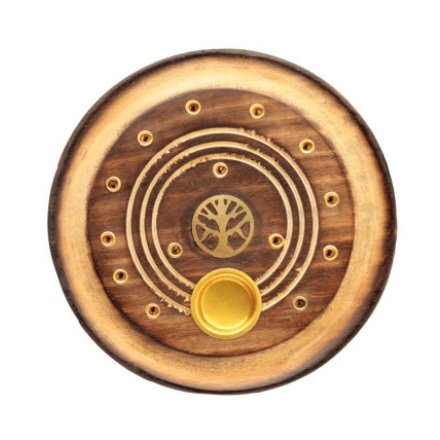 MANGO WOOD ROUND TREE OF LIFE ASHCATCHER INCENSE STICKS & CONES BURNER