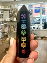 Load image into Gallery viewer, Black Obsidian (Dragon Glass) Chakra Sanskrit Symbol Engraved Obelisk Point