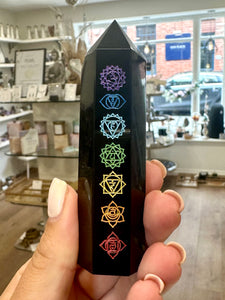 Black Obsidian (Dragon Glass) Chakra Sanskrit Symbol Engraved Obelisk Point