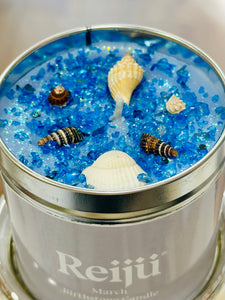 March Birthstone Aquamarine Crystal Topped Blue Luxury Candle Fragranced with Patchouli, Ginger, Clove & Seaweed