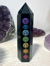 Load image into Gallery viewer, Black Obsidian (Dragon Glass) Chakra Sanskrit Symbol Engraved Obelisk Point