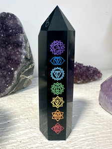 Black Obsidian (Dragon Glass) Chakra Sanskrit Symbol Engraved Obelisk Point