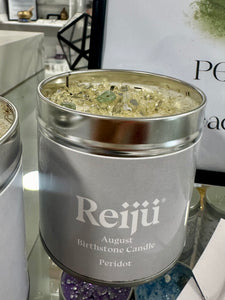 August Birthstone Peridot Crystal Topped Luxury Candle fragranced with white florals, coffee, patchouli and vanilla