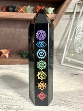 Load image into Gallery viewer, Black Obsidian (Dragon Glass) Chakra Sanskrit Symbol Engraved Obelisk Point