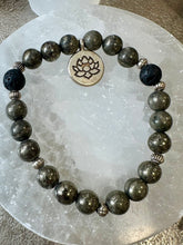 Load image into Gallery viewer, Pyrite &amp; Lava Bead Crystal Beaded Bracelet with Lotus Flower Charm