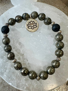 Pyrite & Lava Bead Crystal Beaded Bracelet with Lotus Flower Charm