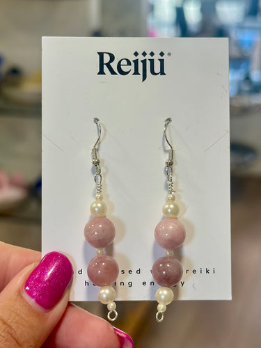 New! Handmade Rhodochrosite & Faux Pearl Reiki-Charged Earrings