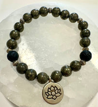 Load image into Gallery viewer, Pyrite &amp; Lava Bead Crystal Beaded Bracelet with Lotus Flower Charm