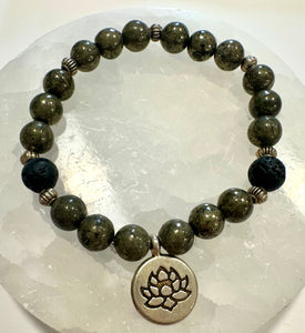 Pyrite & Lava Bead Crystal Beaded Bracelet with Lotus Flower Charm