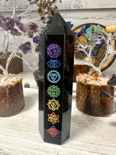 Load image into Gallery viewer, Black Obsidian (Dragon Glass) Chakra Sanskrit Symbol Engraved Obelisk Point