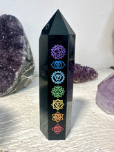 Load image into Gallery viewer, Black Obsidian (Dragon Glass) Chakra Sanskrit Symbol Engraved Obelisk Point