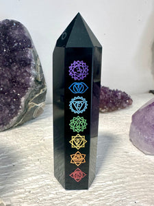 Black Obsidian (Dragon Glass) Chakra Sanskrit Symbol Engraved Obelisk Point