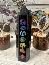 Load image into Gallery viewer, Black Obsidian (Dragon Glass) Chakra Sanskrit Symbol Engraved Obelisk Point